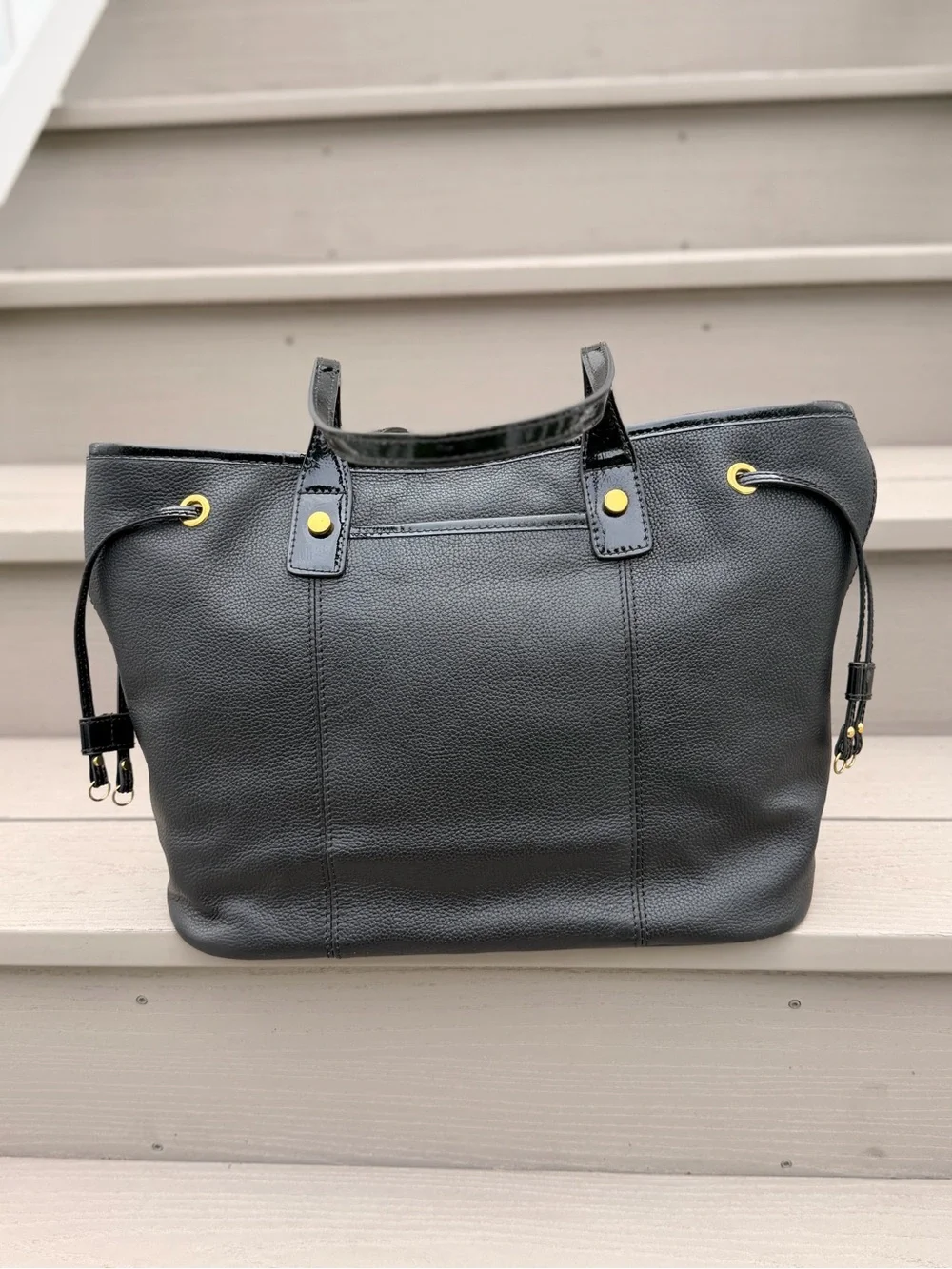 NWT American Leather Co Black Pebbled Leather Tote Bag Patent Trim Gold Hardware